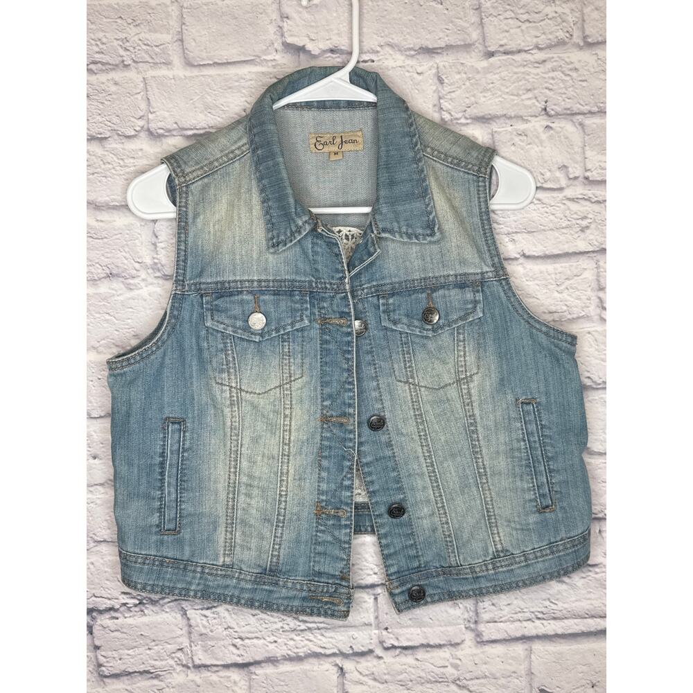 Earl Jean Vintage Denim Vest Lace Panel Inset on Back Lightly Distressed SZ MED